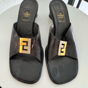 Authentic Fendi Black Leather Slide Sandals with Gold Logo Accent